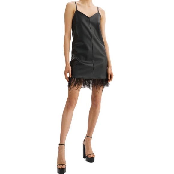 NWT [Lamarque] Mollie Feather Trim Faux Leather V-Neck Slip Dress Women’s Sz L - Picture 2 of 8